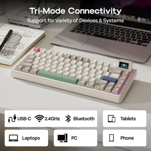 Alt view image 4 of 7 - RT82 Wireless Mechanical Keyboard with Screen+Mix 1.8m Coiled Keyboard Cable