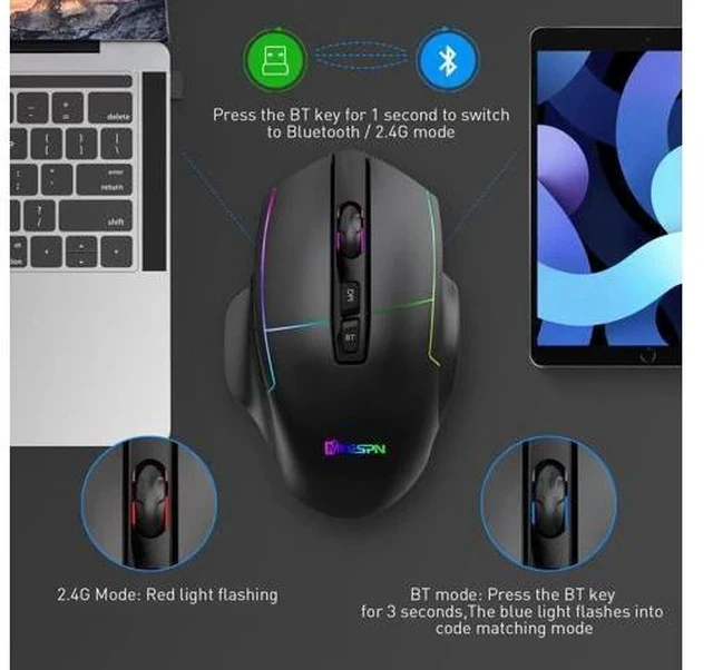 Alt view image 4 of 7 - 2.4G Wireless Bluetooth Mouse, Bluetooth RGB Rechargeable Gaming Mouse Wireless Computer Silent Mause LED Backlit 1600 DPI Ergonomic Gaming Mouse for Laptop PC