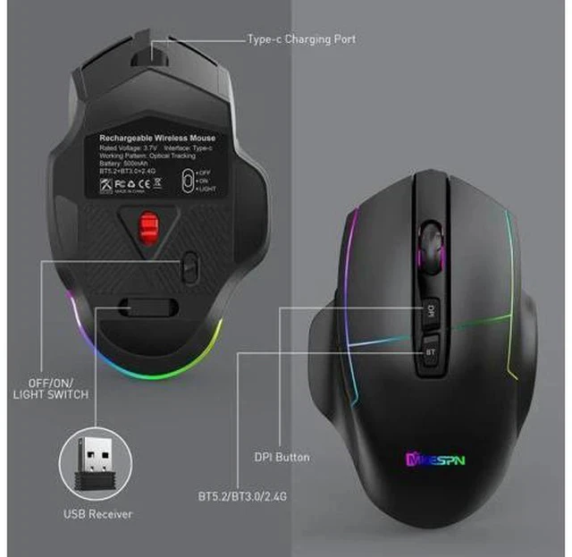 Alt view image 7 of 7 - 2.4G Wireless Bluetooth Mouse, Bluetooth RGB Rechargeable Gaming Mouse Wireless Computer Silent Mause LED Backlit 1600 DPI Ergonomic Gaming Mouse for Laptop PC