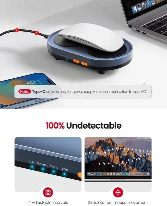 Alt view image 2 of 7 - Dual Turntable Mouse Mover, Turbo 3 Mouse Jiggler with Adjustable Intervals, ON/Off Switch, Undetectable & Noiseless Mouse Shaker Simulate Realistic Mouse Movement for Secure Computer Activity