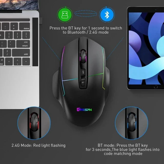 Alt view image 4 of 7 - 2.4G Wireless Bluetooth Mouse, Bluetooth RGB Rechargeable Gaming Mouse Wireless Computer Silent Mause LED Backlit 1600 DPI Ergonomic Gaming Mouse for Laptop PC