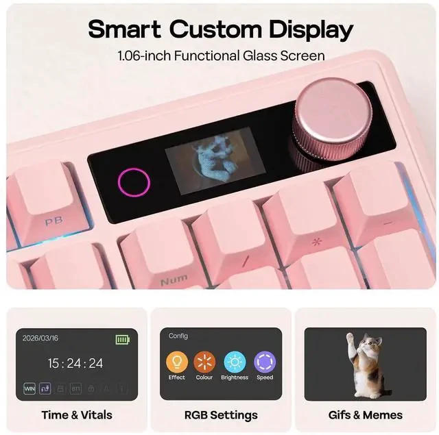 Alt view image 3 of 7 - TH108 V2 PRO Full Size Mechanical Keyboard with Screen&Knob, 10000mAh, BT/2.4Ghz, Mac Modifier PBT Keycap, Hot Swap, RGB, Gasket, Wireless Gaming Keyboard for Mac/PC (Pink, Sea Salt Silent)