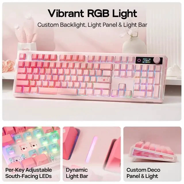 Alt view image 4 of 7 - TH108 V2 PRO Full Size Mechanical Keyboard with Screen&Knob, 10000mAh, BT/2.4Ghz, Mac Modifier PBT Keycap, Hot Swap, RGB, Gasket, Wireless Gaming Keyboard for Mac/PC (Pink, Sea Salt Silent)