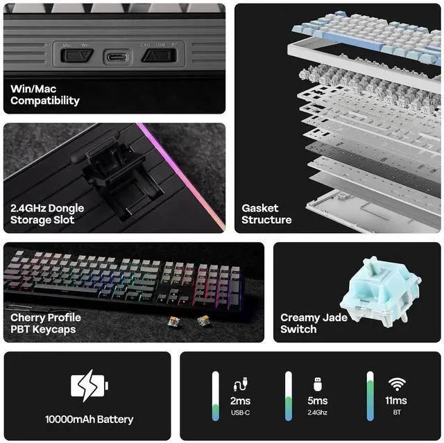 Alt view image 2 of 7 - TH108 Full Size Mechanical Keyboard, Wireless Gaming Keyboard with 8000mAh Battery x vvyruus Retromania Keycaps Set - 130 Keys