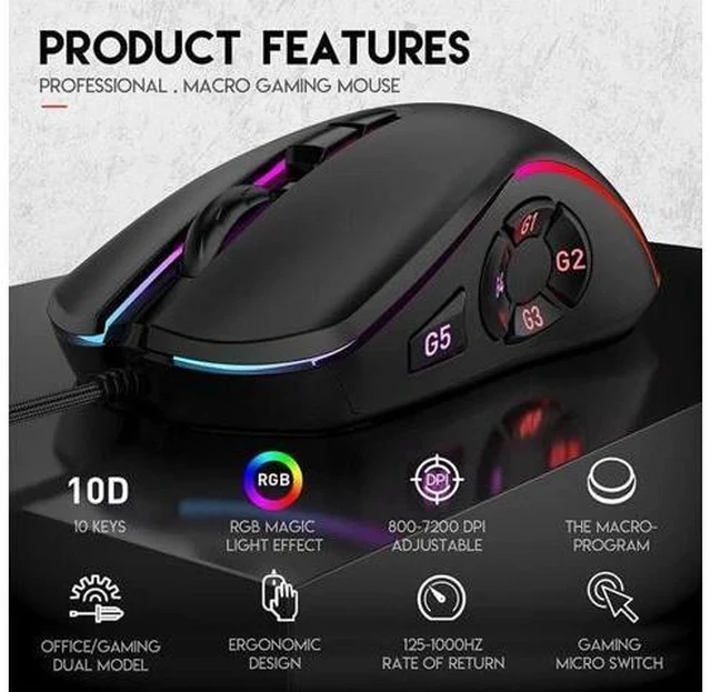 Alt view image 4 of 7 - WISDUM Gaming Mouse USB Wired, RGB Backlit PC Mouse Computer Mice with 14 RGB LED Modes, 7200 DPI Adjustable, 10 Programmable Buttons, Ergonomic USB Optical Mouse for Windows MacOS Laptop Gamer