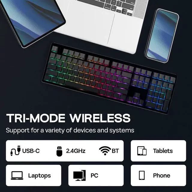 Alt view image 3 of 7 - TH108 Full Size Mechanical Keyboard, Wireless Gaming Keyboard with 8000mAh Battery x vvyruus Retromania Keycaps Set - 130 Keys