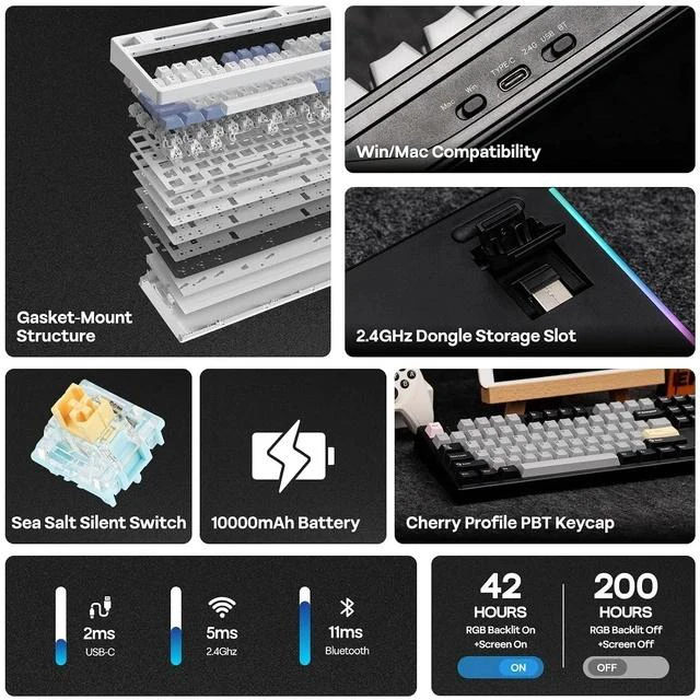 Alt view image 2 of 7 - TH108 PRO Full Size Mechanical Keyboard with Screen & Knob+Click Gaming Mouse Wireless 2.4Ghz/BT/Type-C