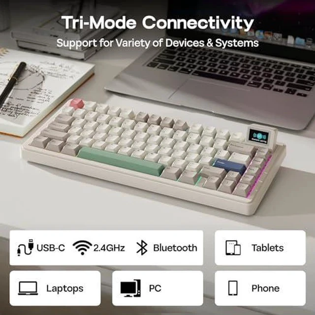 Alt view image 4 of 7 - RT82 Wireless Mechanical Keyboard with Screen+Click Gaming Mouse Wireless 2.4Ghz/Bluetooth/Type-C