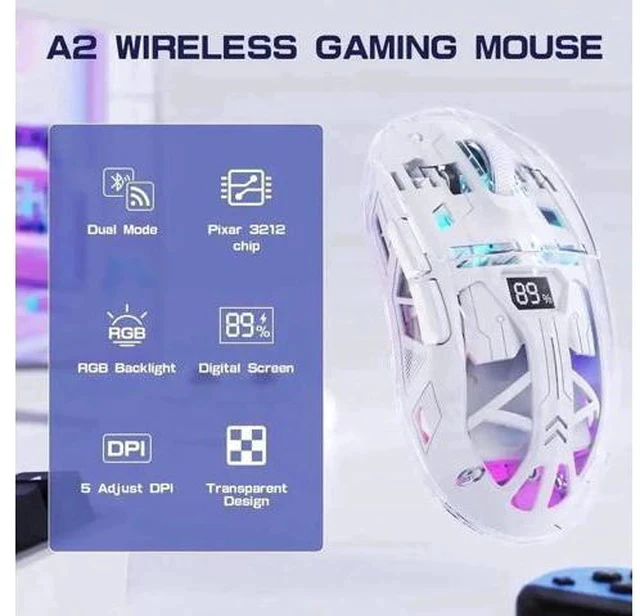 Alt view image 3 of 7 - Transparent Wireless Gaming Mouse, Dual Mode BT 5.0/2.4G PC Gaming Mice, PixArt 3212 5 Adjustable DPI, Rechargeable Silent Mouse with Digital Screen, RGB Backlight Mouse for Win/Mac(White)