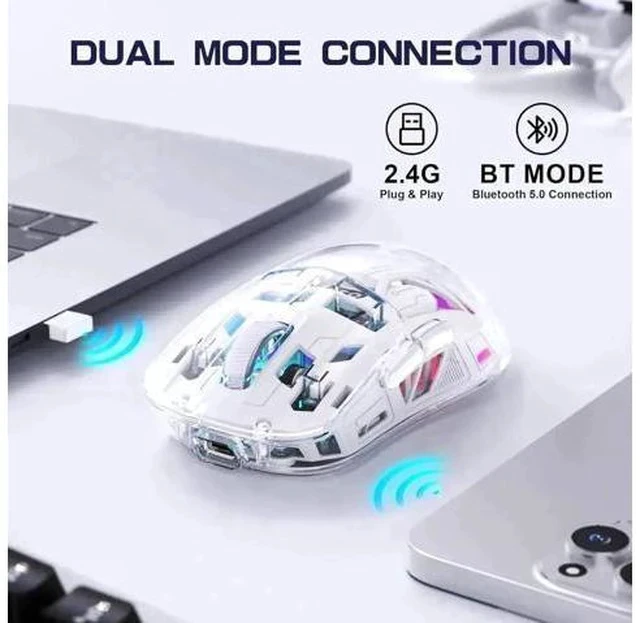 Alt view image 4 of 7 - Transparent Wireless Gaming Mouse, Dual Mode BT 5.0/2.4G PC Gaming Mice, PixArt 3212 5 Adjustable DPI, Rechargeable Silent Mouse with Digital Screen, RGB Backlight Mouse for Win/Mac(White)