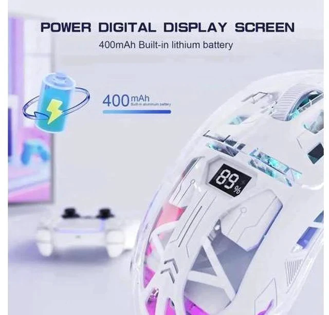 Alt view image 5 of 7 - Transparent Wireless Gaming Mouse, Dual Mode BT 5.0/2.4G PC Gaming Mice, PixArt 3212 5 Adjustable DPI, Rechargeable Silent Mouse with Digital Screen, RGB Backlight Mouse for Win/Mac(White)
