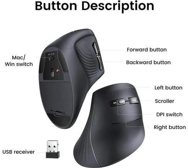Alt view image 6 of 7 - Vertical Wireless (Bluetooth 5.0+2.4G) Ergonomic Mouse with 5 Buttons 1000/1600/2000/4000 DPI Pre of Mouse Arm Vertical Mouse Compatible with PC/Laptop/Tablet Black