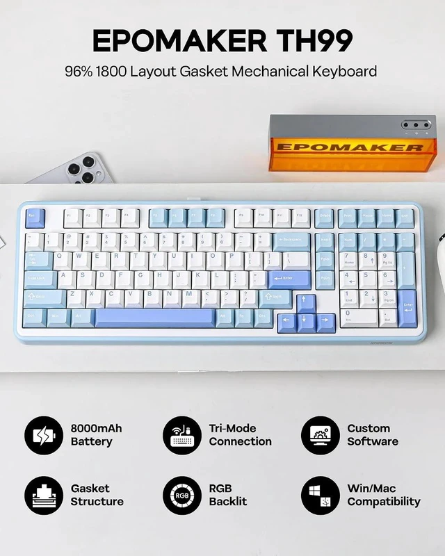 Alt view image 2 of 7 - TH99 Tri-Mode Wireless Mechanical Keyboard with 8000mAh Battery+Click Gaming Mouse Wireless 2.4Ghz/BT/Type-C