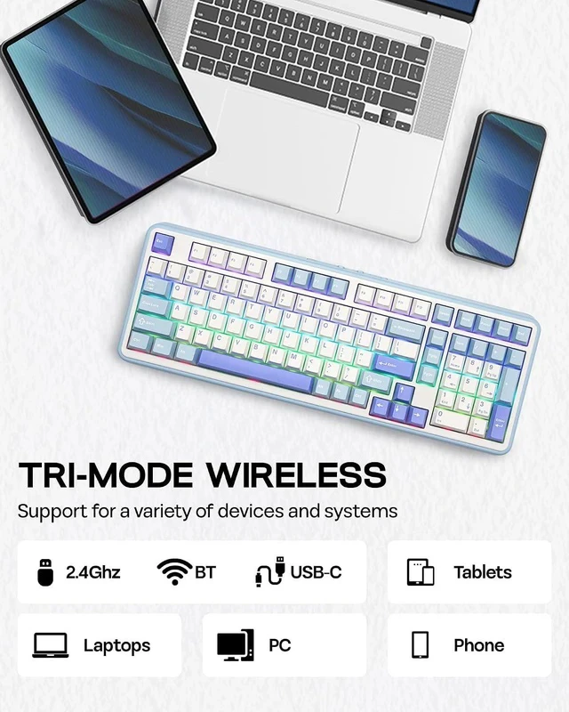 Alt view image 4 of 7 - TH99 Tri-Mode Wireless Mechanical Keyboard with 8000mAh Battery+Click Gaming Mouse Wireless 2.4Ghz/BT/Type-C