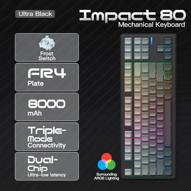 Alt view image 2 of 6 - Impact80 Tri-Mode Wireless Mechanical Keyboard,USB-C Wired, Hot-Swappable 87 Keys Gasket Mount, RGB Light Bar, 8000mAh Battery, QMK/VIA Compatible RS8 Keyboard for Windows/Mac (Ultra Black)