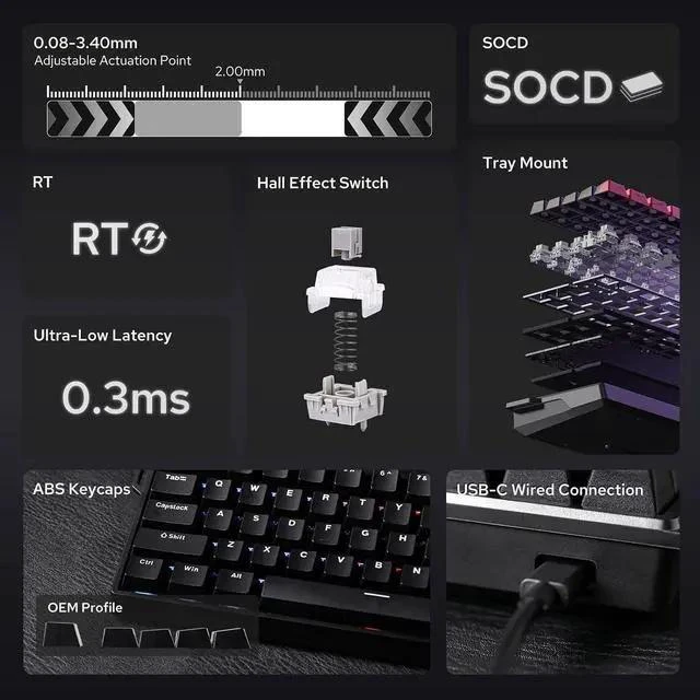 Main image of Aula WIN68 HE Magnetic Keyboard with Adjustable Actuation, Hall Effect Switches, 65% Wired Compact Keyboard, 8000 Hz Polling Rate, Hot-Swappable (Black)