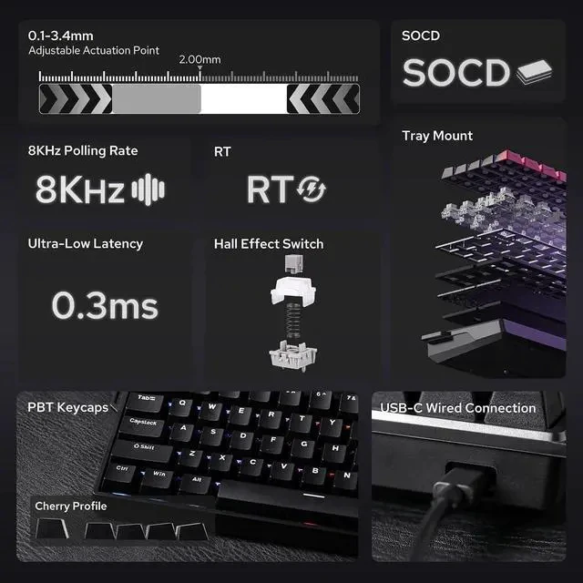 Alt view image 2 of 6 - Aula WIN68 HE Magnetic Keyboard with Adjustable Actuation, Hall Effect Switches, 65% Wired Compact Keyboard, 8000 Hz Polling Rate, Hot-Swappable (Black)