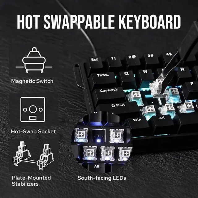 Alt view image 3 of 6 - Aula WIN68 HE Magnetic Keyboard with Adjustable Actuation, Hall Effect Switches, 65% Wired Compact Keyboard, 8000 Hz Polling Rate, Hot-Swappable (Black)