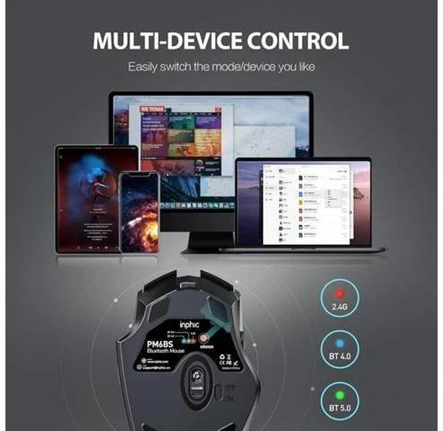 Alt view image 4 of 7 - Inphic Bluetooth Mouse, Multi-Device Silent Rechargeable Bluetooth Wireless Mouse (Tri-Mode: BT 5.0/4.0+2.4G), 1600DPI Ergonomic Portable Mouse for Laptop PC Computer,Smartphone,Windows Mac OS, Black