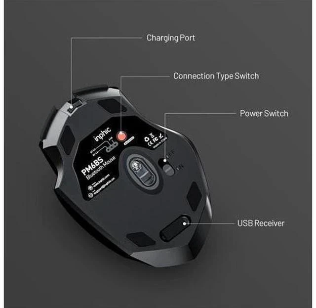 Alt view image 6 of 7 - Inphic Bluetooth Mouse, Multi-Device Silent Rechargeable Bluetooth Wireless Mouse (Tri-Mode: BT 5.0/4.0+2.4G), 1600DPI Ergonomic Portable Mouse for Laptop PC Computer,Smartphone,Windows Mac OS, Black