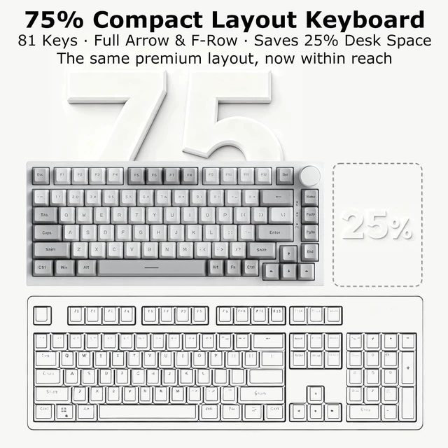 Alt view image 6 of 7 - AK820 Wired 75% Mechanical Keyboard, HP-Style Tactile, Hot-Swappable | 81key PBT keycaps, White Backlit 20 modes, Metal Volume Knob, USB-C, Gasket Mount, 5-layer Foam, Dual Drivers Options, PC/Mac