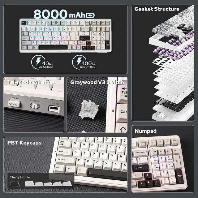 Main image of x Aula F99 Wireless Mechanical Keyboard, Hot Swappable Gasket Custom Gaming Keyboard with Five-Layer Padding, BT/2.4GHz/USB-C, 8000mAh Battery (White Grey, Graywood V3 Switch)