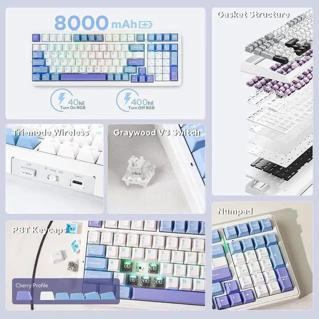 Main image of x Aula F99 Wireless Mechanical Keyboard, Hot Swappable Gasket Custom Gaming Keyboard with Five-Layer Padding, BT/2.4GHz/USB-C, 8000mAh Battery (White Light Blue, Graywood V3 Switch)