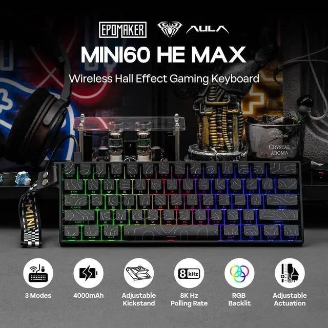 Main image of Aula MINI60 HE Hall Effect Gaming Keyboard, 2.4GHz/BT, 8K Hz Polling, SOCD & DKS, Adjustable Actuation & Fast Trigger, PBT Keycap, 60% Wireless Mechanical Keyboard for Win/Mac (Max)