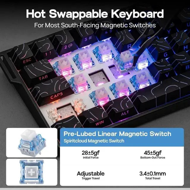 Alt view image 5 of 6 - Aula MINI60 HE Hall Effect Gaming Keyboard, 2.4GHz/BT, 8K Hz Polling, SOCD & DKS, Adjustable Actuation & Fast Trigger, PBT Keycap, 60% Wireless Mechanical Keyboard for Win/Mac (Max)