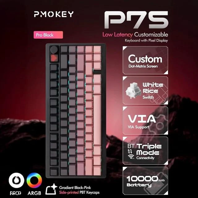 Main image of PMOKEY P75 75% Wireless Mechanical Keyboard, Tri-Mode RGB Gaming Keyboard with Dot-Matrix Display, Aluminum Alloy Body, Volume Knob, Up to 10000mAh Battery (Pro Black)