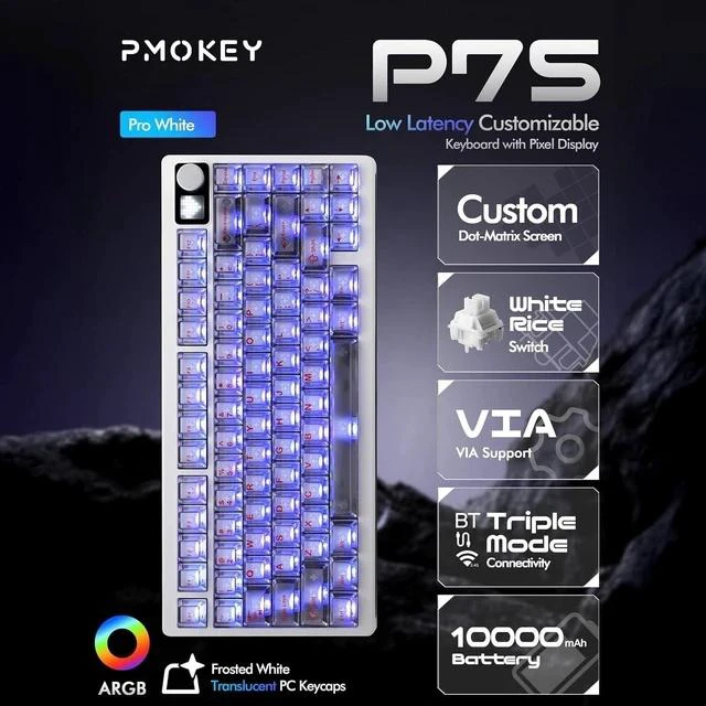 Main image of PMOKEY P75 75% Wireless Mechanical Keyboard, Tri-Mode RGB Gaming Keyboard with Dot-Matrix Display, Aluminum Alloy Body, Volume Knob, Up to 10000mAh Battery (Pro White)