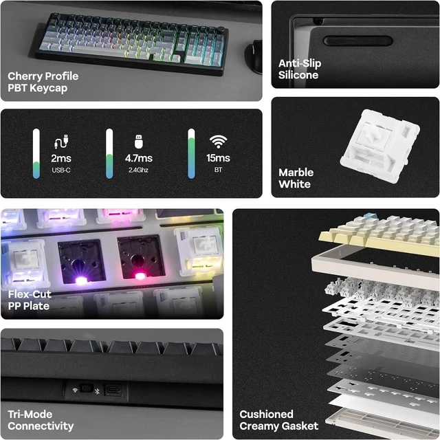 Alt view image 3 of 6 - Galaxy100 Lite QMK/VIA Gaming Keyboard with 8000mAh Battery and Numpad, 1800 Aluminum Mechanical Keyboard, USB-C/BT/2.4Ghz, Hot-Swap, Creamy Sound