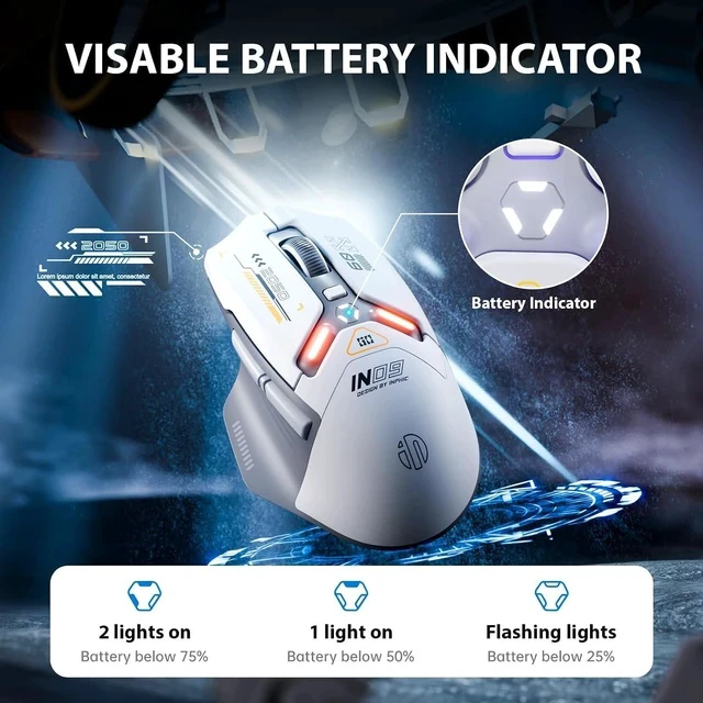 Alt view image 5 of 7 - IN9 Wireless Gaming Mouse, Real Tri-Mode 2.4G Wireless/Type-C Wired/Bluetooth Mouse, 10k DPl, Fully Programmable, RGB Lighting, Hyperspeed Rechargeable Wireless Mouse for Laptop PC Computer Mac