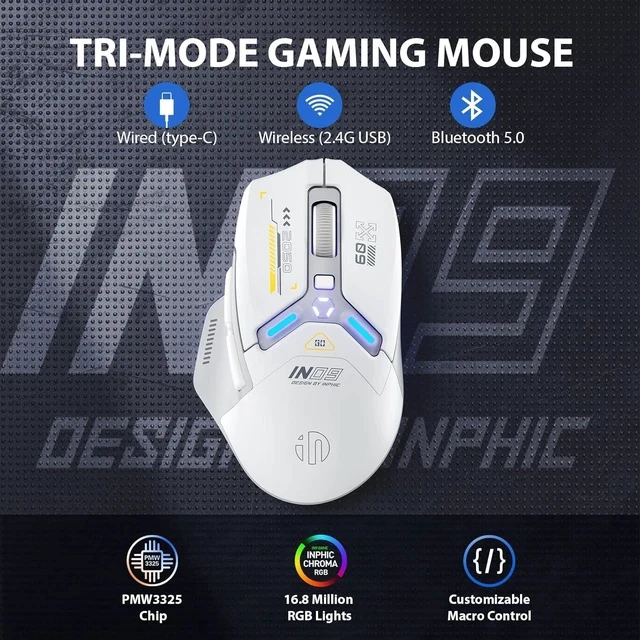 Alt view image 7 of 7 - IN9 Wireless Gaming Mouse, Real Tri-Mode 2.4G Wireless/Type-C Wired/Bluetooth Mouse, 10k DPl, Fully Programmable, RGB Lighting, Hyperspeed Rechargeable Wireless Mouse for Laptop PC Computer Mac
