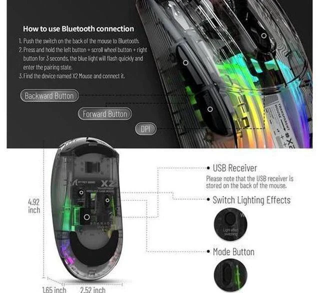 Alt view image 3 of 7 - Wireless Gaming Mouse, Tri-Mode Wireless Mouse-2.4Ghz/Bluetooth 5.0/USB C Wired, 5 Adjustable DPI, Ergonomic PC Gaming Mice with Transparent Shell-PAW Sensor-RGB Backlit-Silent Click for Win/MAC