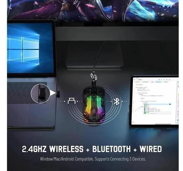 Alt view image 4 of 7 - Wireless Gaming Mouse, Tri-Mode Wireless Mouse-2.4Ghz/Bluetooth 5.0/USB C Wired, 5 Adjustable DPI, Ergonomic PC Gaming Mice with Transparent Shell-PAW Sensor-RGB Backlit-Silent Click for Win/MAC