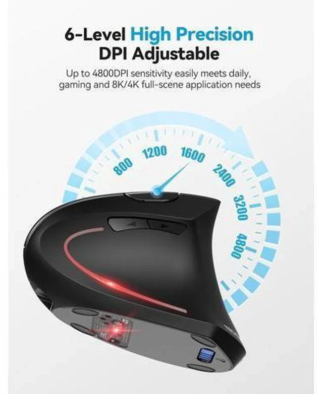 Alt view image 3 of 7 - Ergonomic Mouse Rechargeable 2.4G+Bluetooth Vertical Mice 6 DPI Adjustable Wireless Optical Carpal Tunnel Mouse Right Hand Multi Device for Laptop PC Computer MacBook iPad - Black