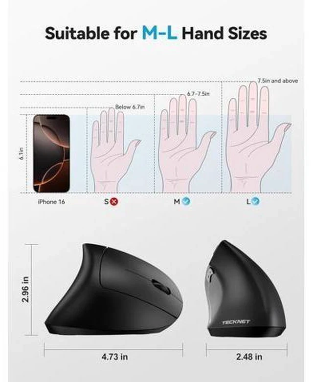 Alt view image 5 of 7 - Ergonomic Mouse Rechargeable 2.4G+Bluetooth Vertical Mice 6 DPI Adjustable Wireless Optical Carpal Tunnel Mouse Right Hand Multi Device for Laptop PC Computer MacBook iPad - Black