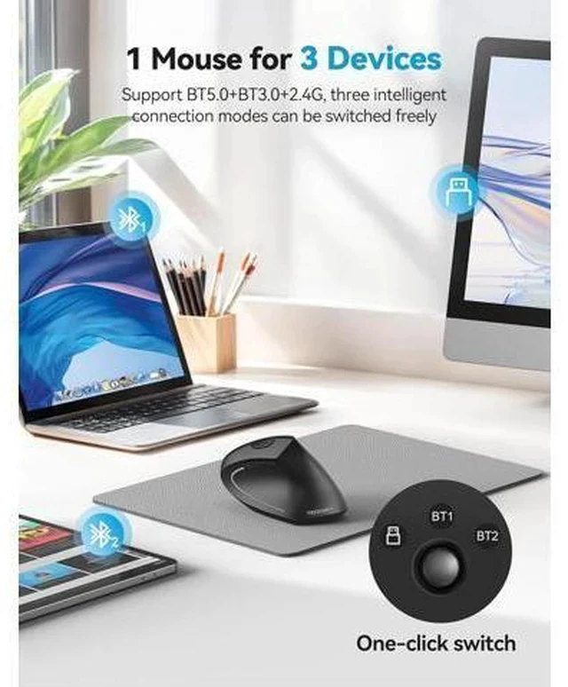 Alt view image 2 of 7 - Ergonomic Mouse Rechargeable 2.4G+Bluetooth Vertical Mice 6 DPI Adjustable Wireless Optical Carpal Tunnel Mouse Right Hand Multi Device for Laptop PC Computer MacBook iPad - Black