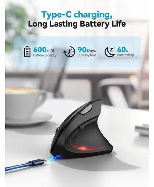 Alt view image 4 of 7 - Ergonomic Mouse Rechargeable 2.4G+Bluetooth Vertical Mice 6 DPI Adjustable Wireless Optical Carpal Tunnel Mouse Right Hand Multi Device for Laptop PC Computer MacBook iPad - Black