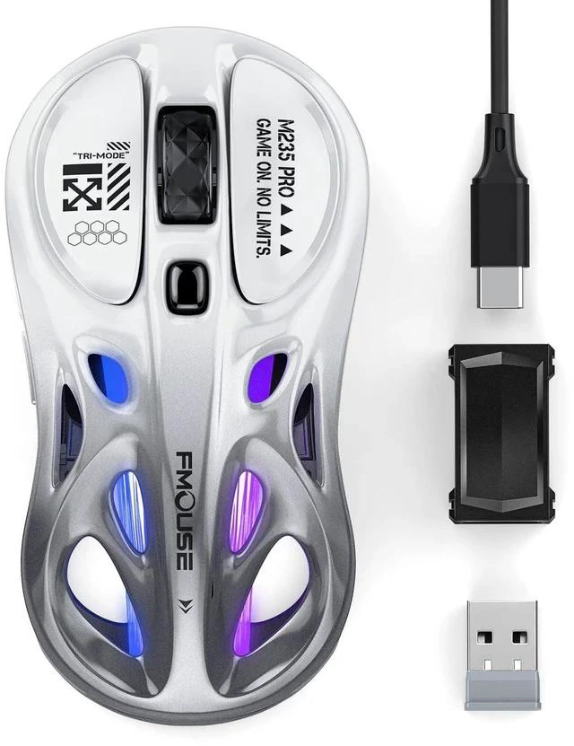 Main image of FMOUSE Tri-Mode Wireless Mouse (2.4G/Bluetooth/Wired), Hollow Design, RGB, 4800 DPI, Rechargeable Type-C for Mac/Laptop/iPad (Gaming/Office) - White & Gray Gradient