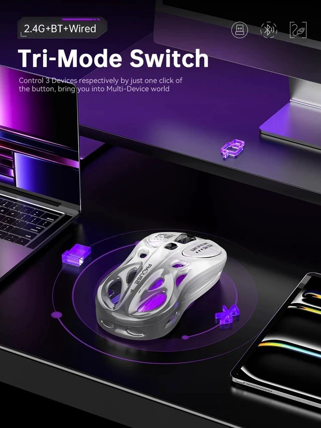 Alt view image 2 of 5 - FMOUSE Tri-Mode Wireless Mouse (2.4G/Bluetooth/Wired), Hollow Design, RGB, 4800 DPI, Rechargeable Type-C for Mac/Laptop/iPad (Gaming/Office) - White & Gray Gradient