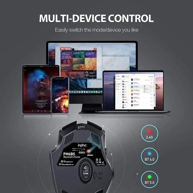 Alt view image 4 of 7 - Inphic Bluetooth Mouse, Multi-Device Silent Rechargeable Bluetooth Wireless Mouse (Tri-Mode: BT 5.0/4.0+2.4G), 1600DPI Ergonomic Portable Mouse for Laptop PC Computer,Smartphone,Windows Mac OS, Black
