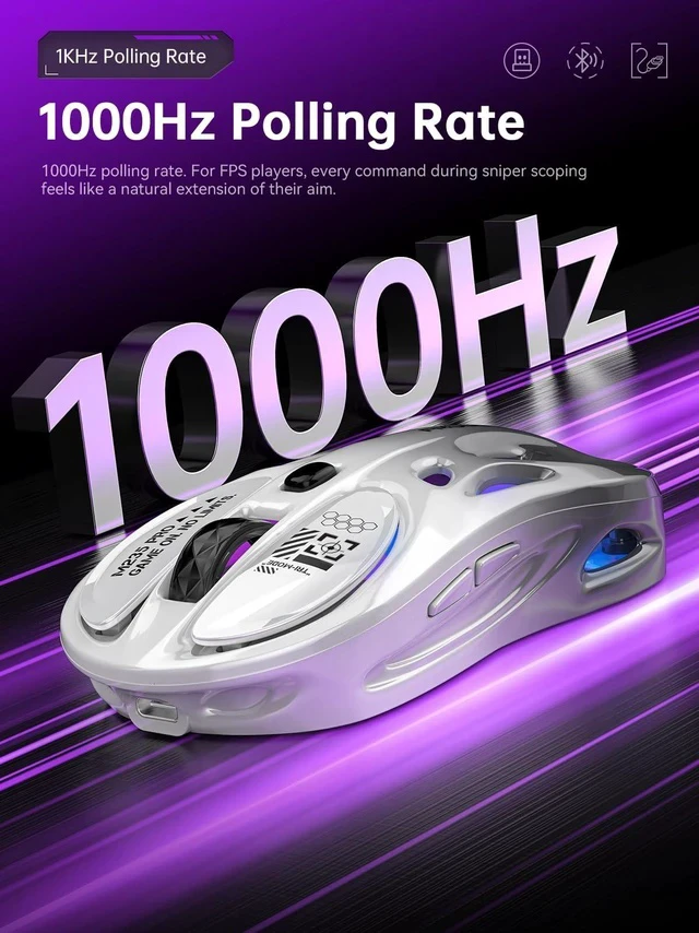 Alt view image 5 of 5 - FMOUSE Tri-Mode Wireless Mouse (2.4G/Bluetooth/Wired), Hollow Design, RGB, 4800 DPI, Rechargeable Type-C for Mac/Laptop/iPad (Gaming/Office) - White & Gray Gradient