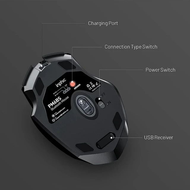 Alt view image 6 of 7 - Inphic Bluetooth Mouse, Multi-Device Silent Rechargeable Bluetooth Wireless Mouse (Tri-Mode: BT 5.0/4.0+2.4G), 1600DPI Ergonomic Portable Mouse for Laptop PC Computer,Smartphone,Windows Mac OS, Black