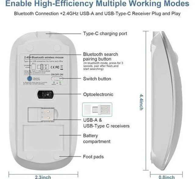 Alt view image 4 of 6 - Mouse for Laptop Wireless Bluetooth - MacBook Air Mac Pro PC iPad Optical Rechargeable Silent Mouse with Jiggler Dual Mode Switch Bluetooth 5.2/3.0 and 2.4GHz USB-A and Type-C Receiver Black