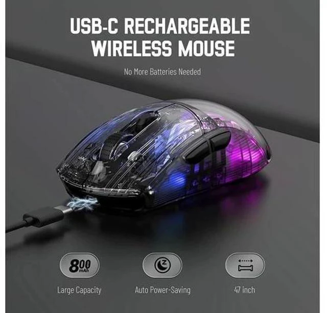 Alt view image 6 of 7 - Wireless Gaming Mouse, Tri-Mode Wireless Mouse-2.4Ghz/Bluetooth 5.0/USB C Wired, 5 Adjustable DPI, Ergonomic PC Gaming Mice with Transparent Shell-PAW Sensor-RGB Backlit-Silent Click for Win/MAC