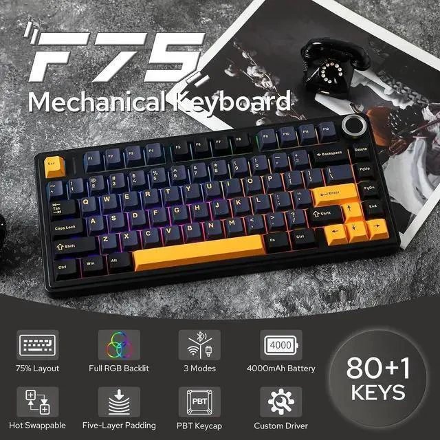 Alt view image 2 of 7 - x Aula F75 Gasket Mechanical Keyboard x vvyruus Retromania Keycaps Set - 130 Keys