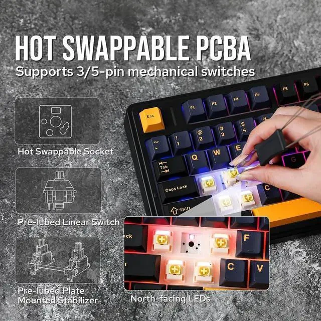 Alt view image 4 of 7 - x Aula F75 Gasket Mechanical Keyboard x vvyruus Retromania Keycaps Set - 130 Keys