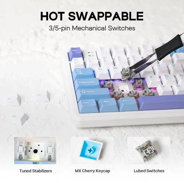 Alt view image 4 of 6 - Aula F108 Wireless Gaming Keyboard, Full Size Mechanical Keyboard with 4000mAh Battery, 108 Hot-Swappable and Programmable Keys, RGB Backlight, for Mac/PC/Android (White&Blue)
